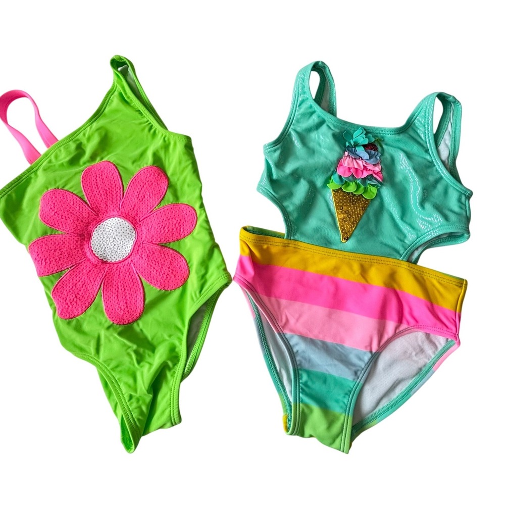 Flapdoodles Girls Swimsuit Size 4 Lot 2 One Piece Icecream‎ Flower Lined EUC